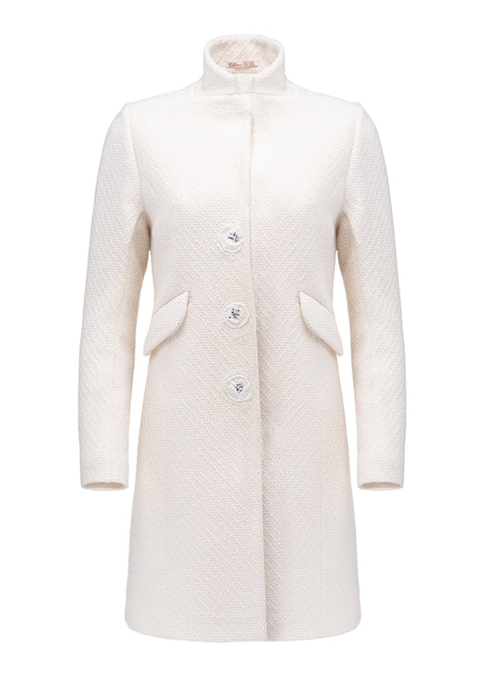 Бяло дамско палто BELLA с декоративни джобове висока яка и закопчаване с копчета