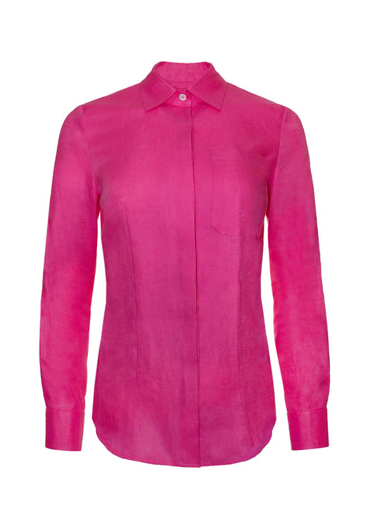Дамска розова ленена риза CAMELINA PINK плажно облекло летен тоалет лятна визия плажна риза вталена риза ленени дрехи