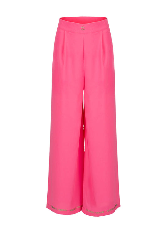 Дамски ефирен панталон CROATIA PINK с широки крачоли свободна кройка розов панталон