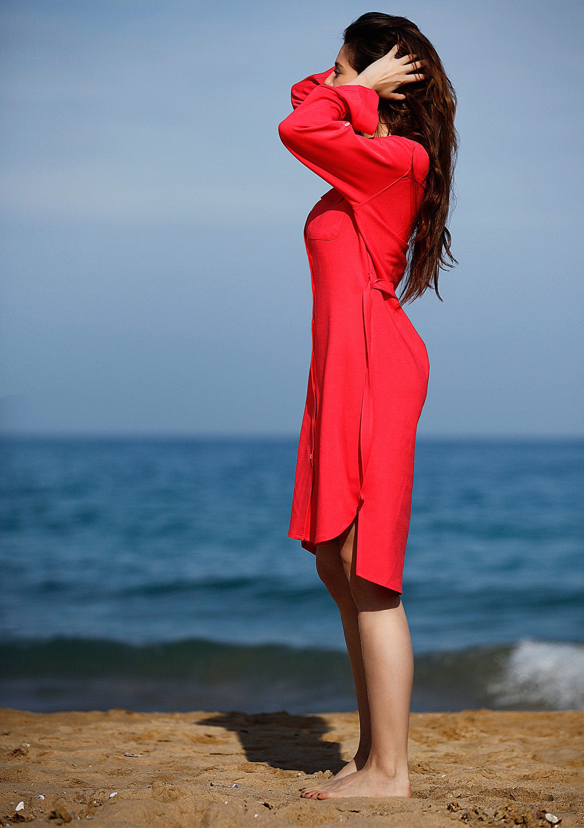 Дълга червена риза KARIBI риза тип рокля червена памучна риза дълга плажна риза