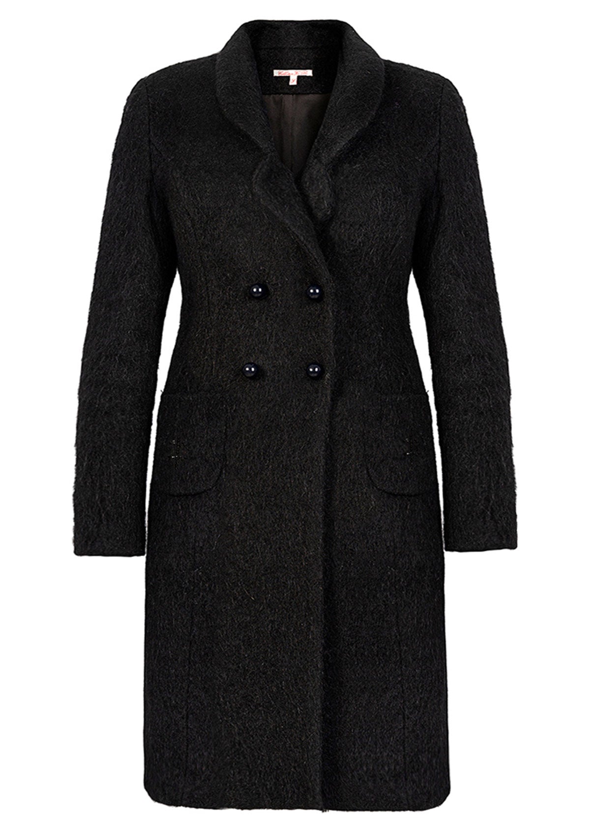 Черно дамско палто KATHERINE BLACK дълго палто закопчаване с копчета отворен ревер джоб без лицев тигел инкрустация на кристали Swarovski дължина 110 см  