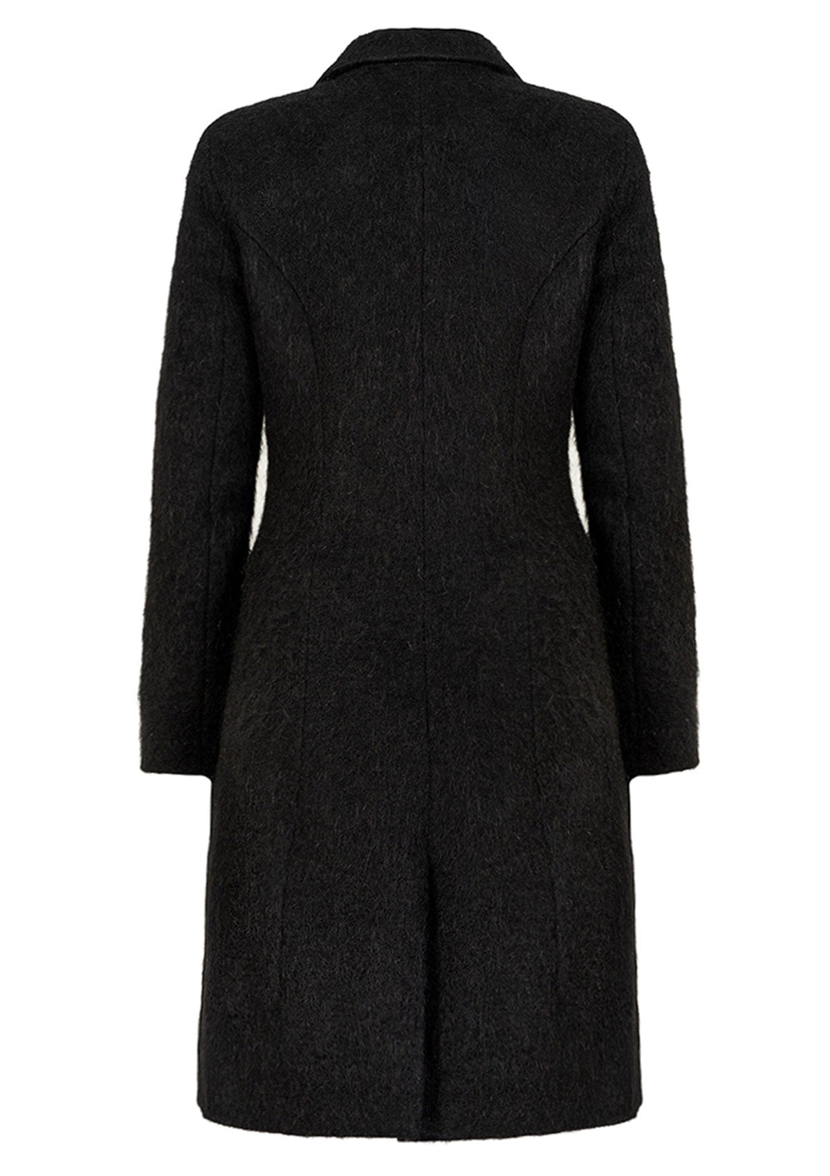 Черно дамско палто KATHERINE BLACK дълго палто закопчаване с копчета отворен ревер джоб без лицев тигел инкрустация на кристали Swarovski дължина 110 см