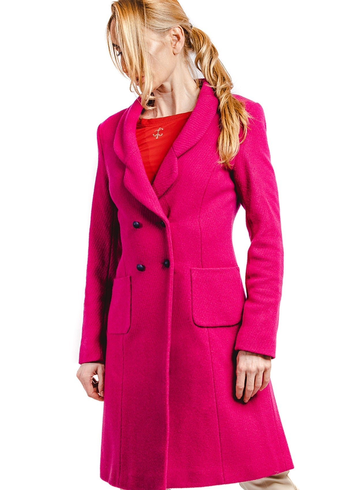 Дамско палто екрю KATHERINE ECRU дълго палто закопчаване с копчета отворен ревер джоб без лицев тигел инкрустация на кристали Swarovski дължина 110 см