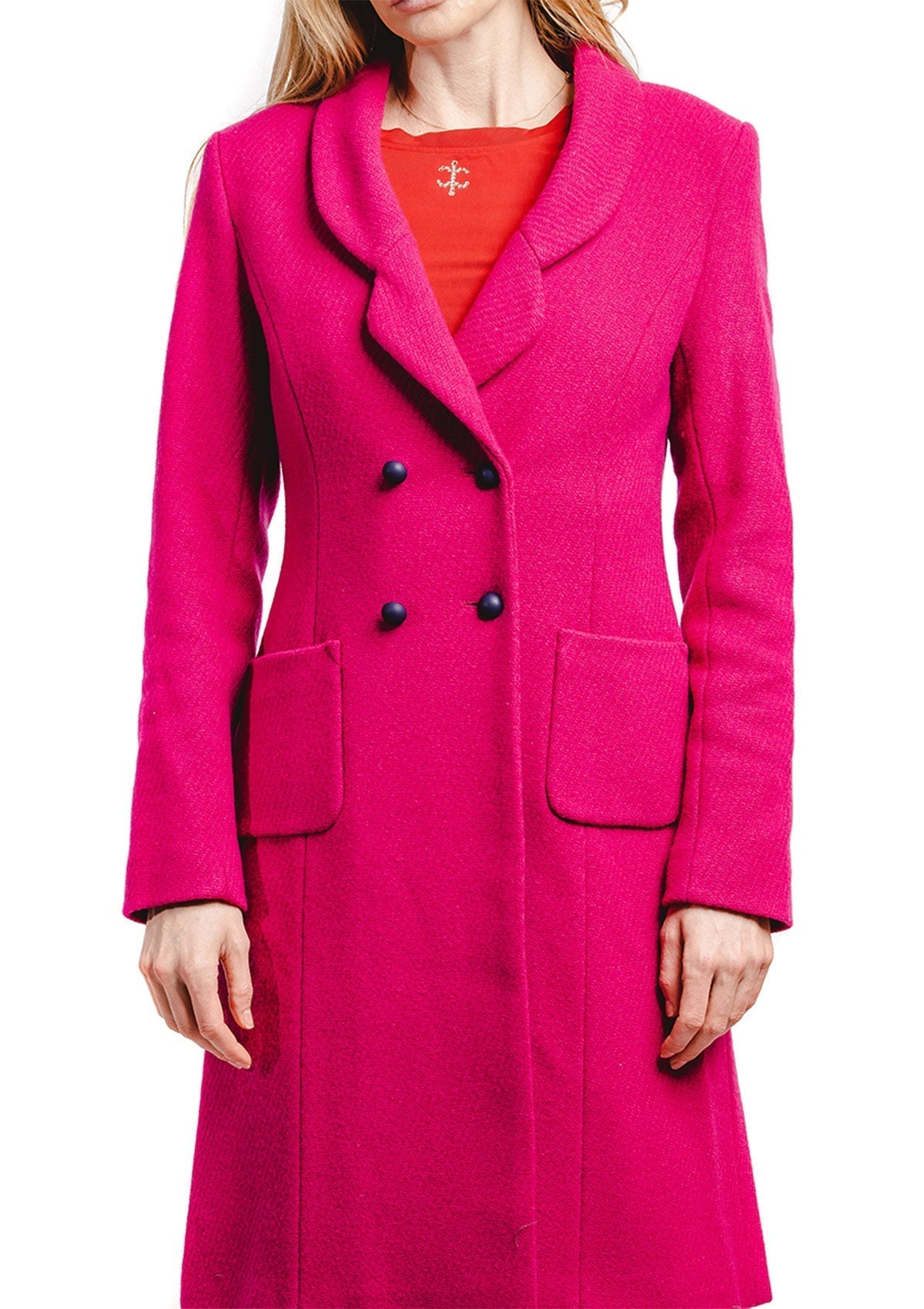 Дамско палто екрю KATHERINE ECRU дълго палто закопчаване с копчета отворен ревер джоб без лицев тигел инкрустация на кристали Swarovski дължина 110 см