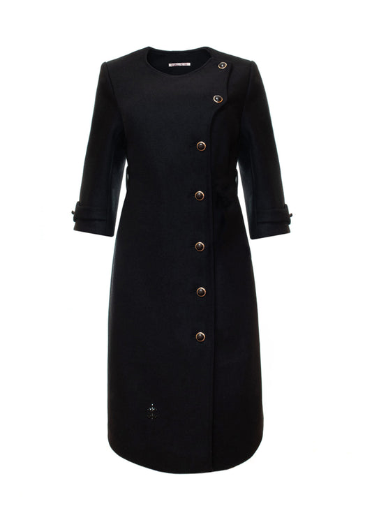 Черно дамско палто MONTE VISO дълго палто асиметрично закопчаване с копчета без яка