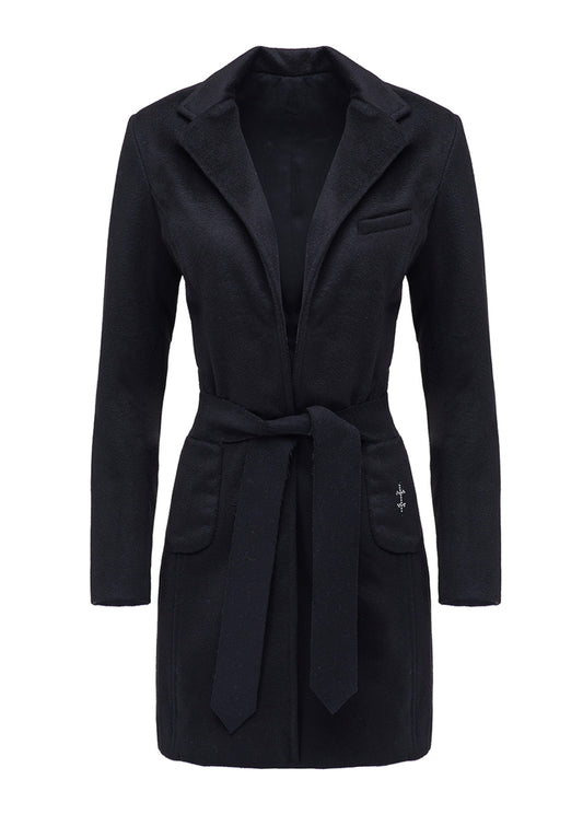 Черно дамско палто NERO дълго палто с джобове и колан детайл от кристали Swarowski