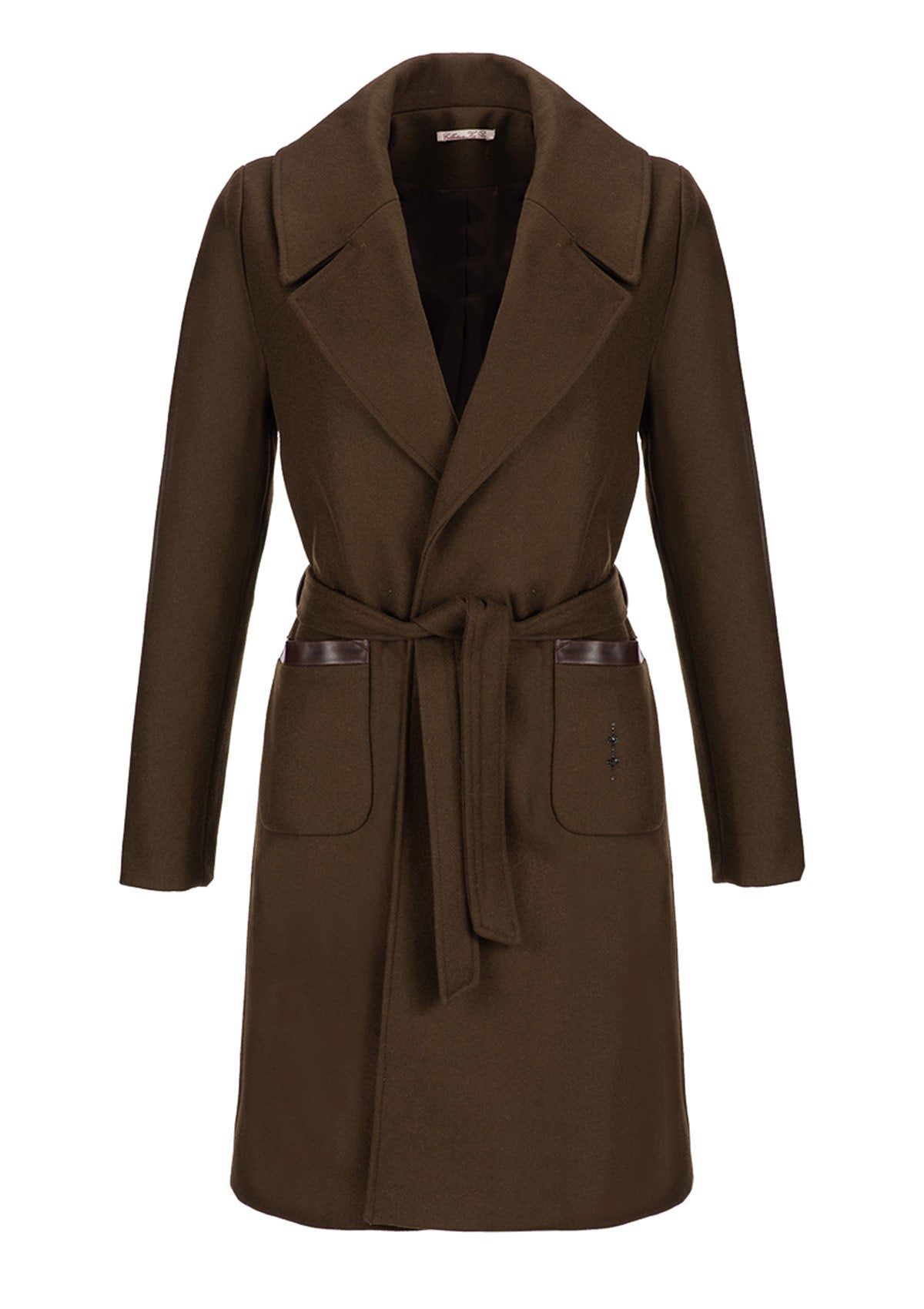Кафяво дамско палто PARI - LEATHER дълго палто с колан и джобове с естествена кожа детайл от кристали Swarowski