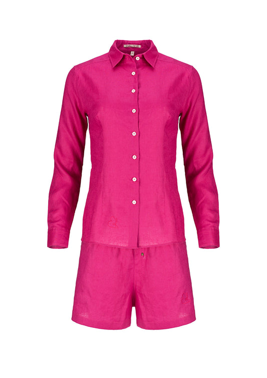 Розов ленен комплект PINK START плажно облекло летен тоалет лятна визия плажен комплект риза и панталон летен комплект