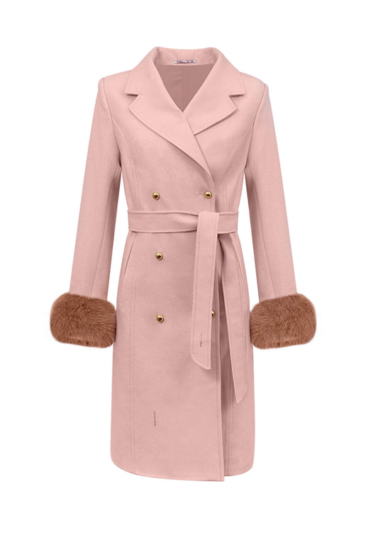 Розово дамско палто ST. ANTON предни джобове с две филетки шлиц на гърба двуредно закопчаване ръкави с лисичи пух