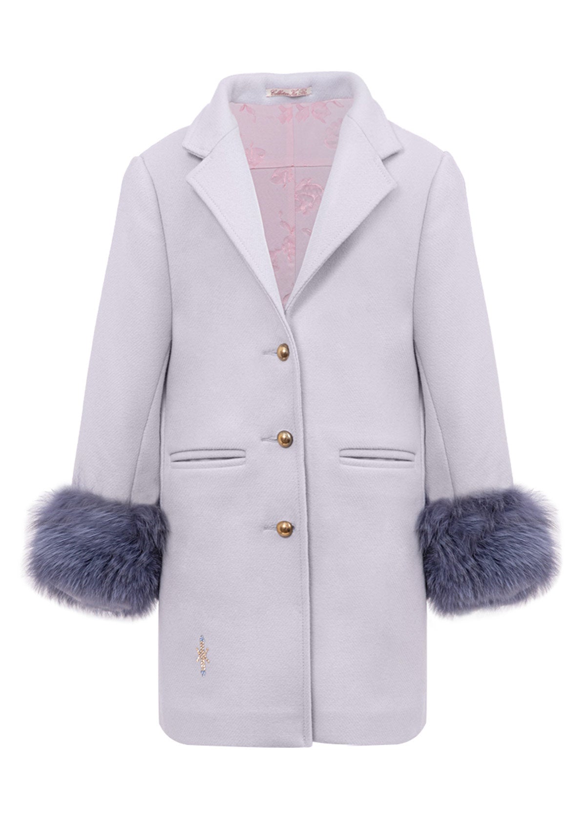 Лилаво детско палто SAINT JEAN KIDS дълго палто ръкави с двоен лисичи пух едноредово закопчаване с копчета