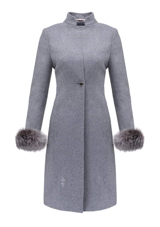 Сиво дамско палто TORNADO GREY пух от естествен косъм на ръкавите висока яка закопчаване с копче