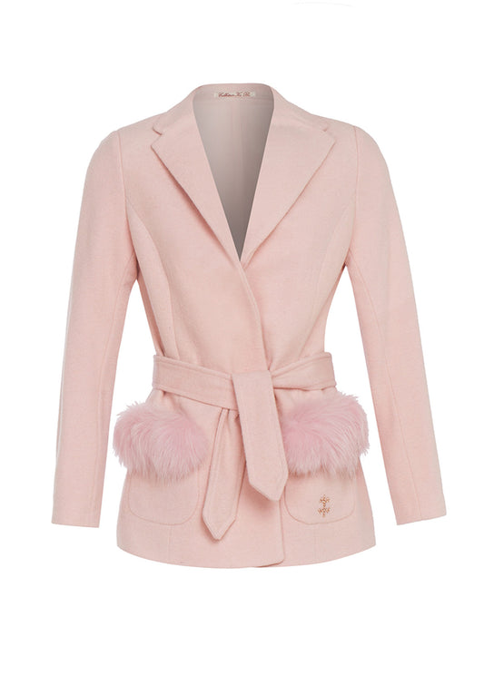 Розово дамско палто VAL THORENS късо палто с колан джобове с естествен косъм