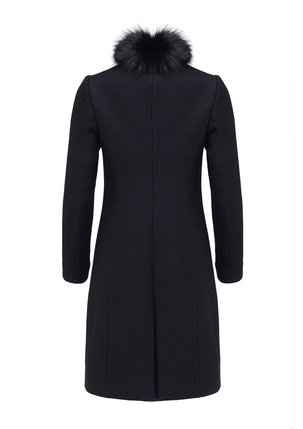 Черно дамско палто VANINA с яка от естествен косъм и закопчаване с копчета
