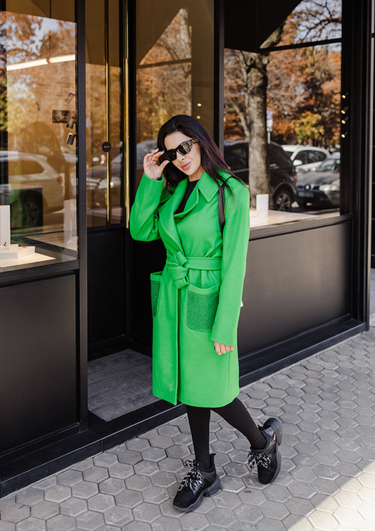 Бежово дамско палто PARI CRYSTAL дълго палто със свободна кройка палто с колан и джобове
