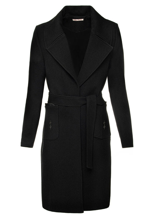 Черно дамско палто PARI-MS.BLACK дълго палто с колан джобове и детайл от кристали Swarowski