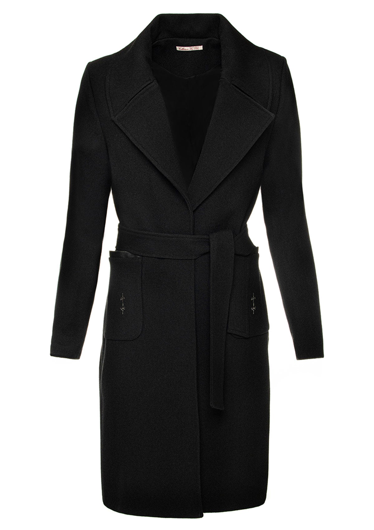 Бежово дамско палто PARI-MS.BEIGE дълго палто с колан джобове и детайл от кристали Swarowski